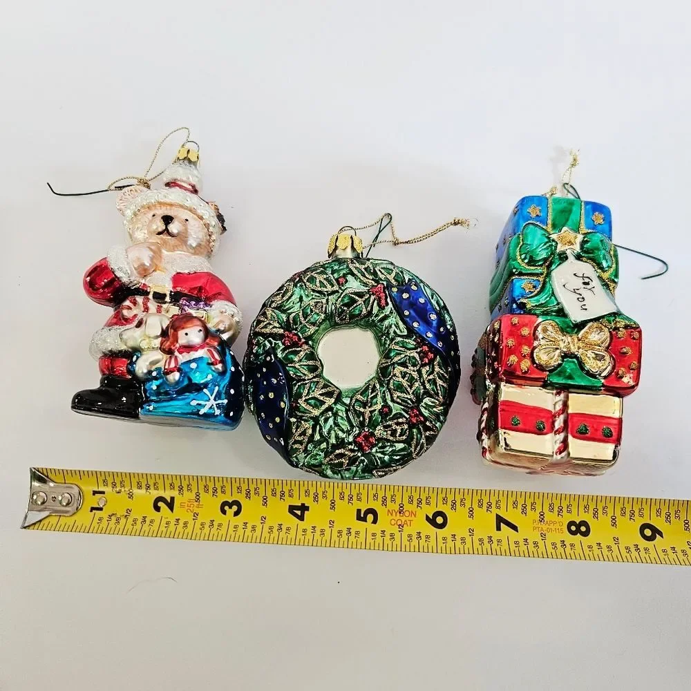 Vintage Brass Key Hand-Painted Glass Christmas Ornaments Bear Wreath Gift Stack